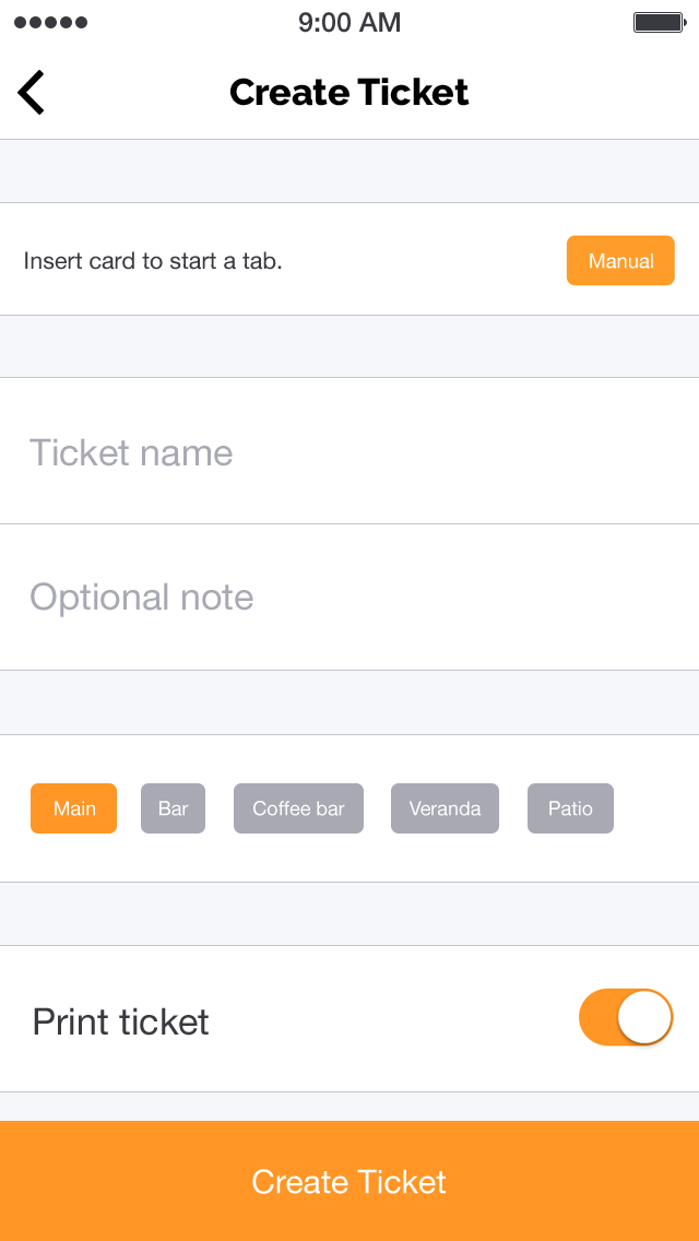 Payanywhere Create Ticket screen